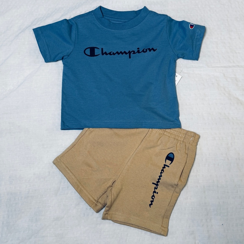 Champion Toddler Blue Logo T-Shirt & Tan Logo Shorts Sporty Outfit Size 2T NWOT